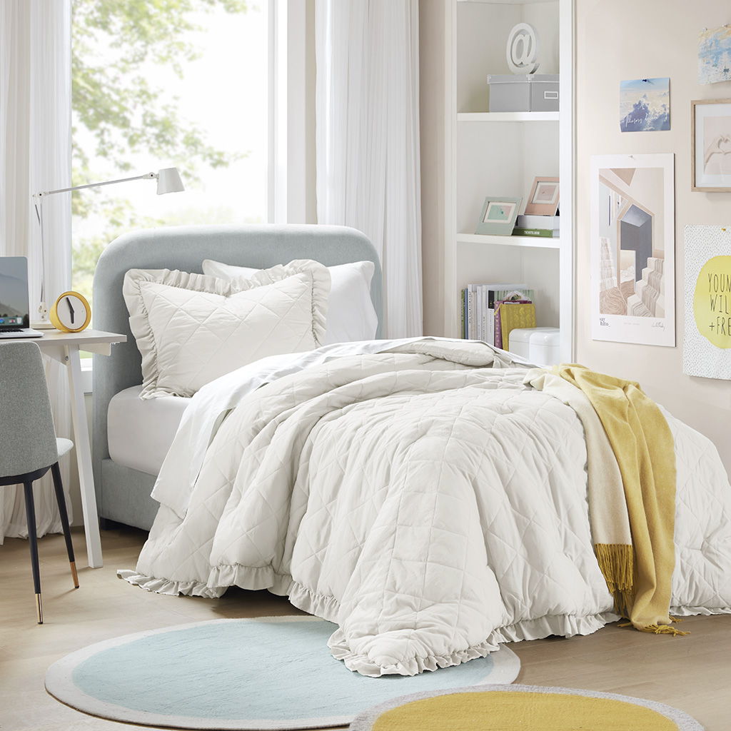 Phoebe - Twin/Twin Long Diamond Quilted Ruffle Edge Comforter Set - Ivory
