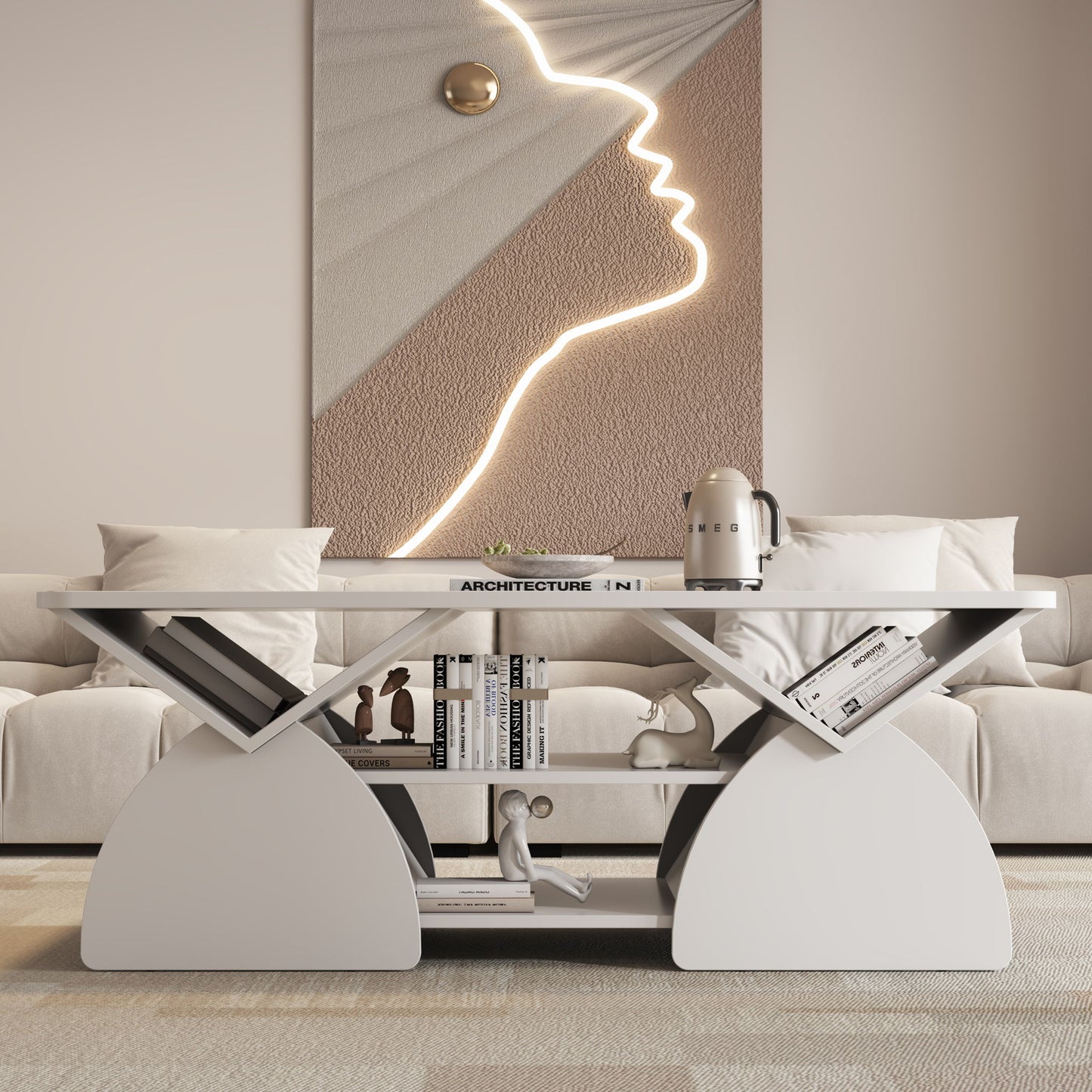 Geometric Engineered Coffee Table With Rounded Corners With Open Shelves