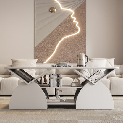 Geometric Engineered Coffee Table With Rounded Corners With Open Shelves