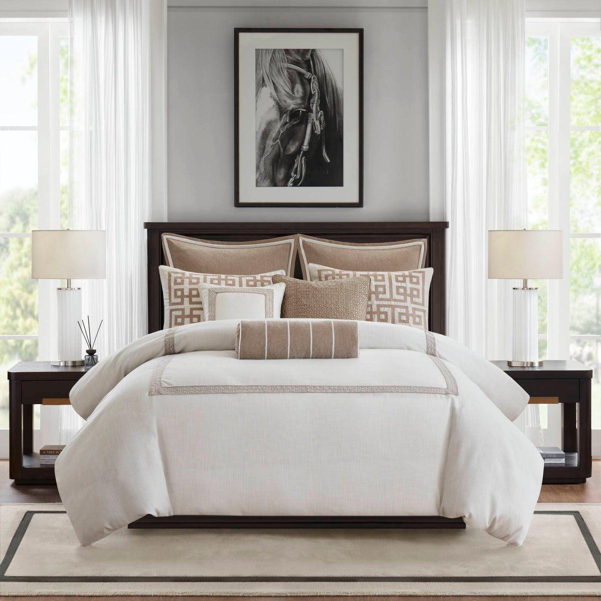 Jarvis - King Embroidery Oversized Duvet Style Comforter Set - Tan/Ivory