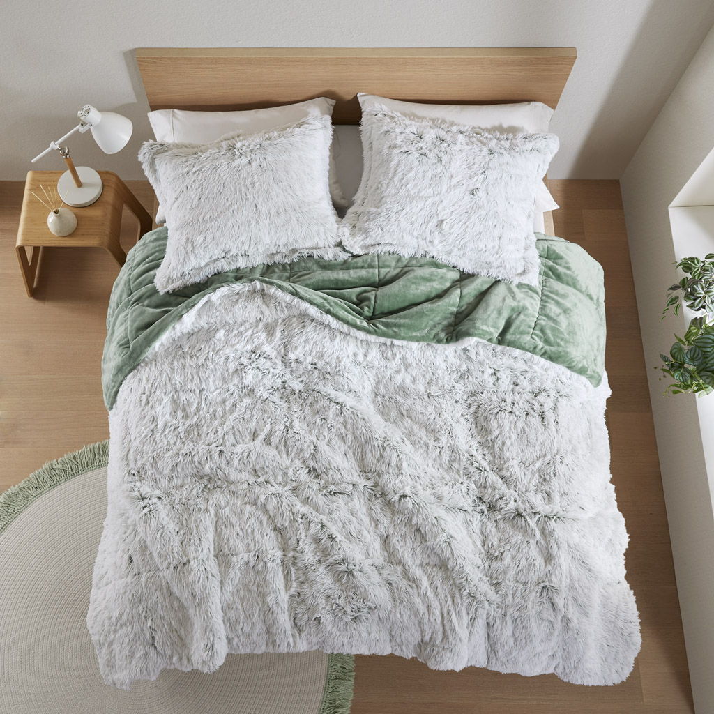 Malea - 3 Piece King/California King Shaggy Comforter Mini Set - Green/White