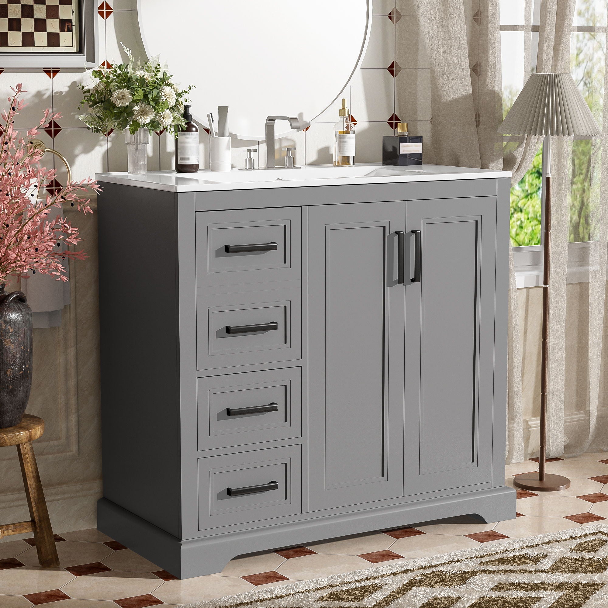 Bathroom Vanity With Sink, Soft Close Doors, Adjustable Shelf & 3 Drawers