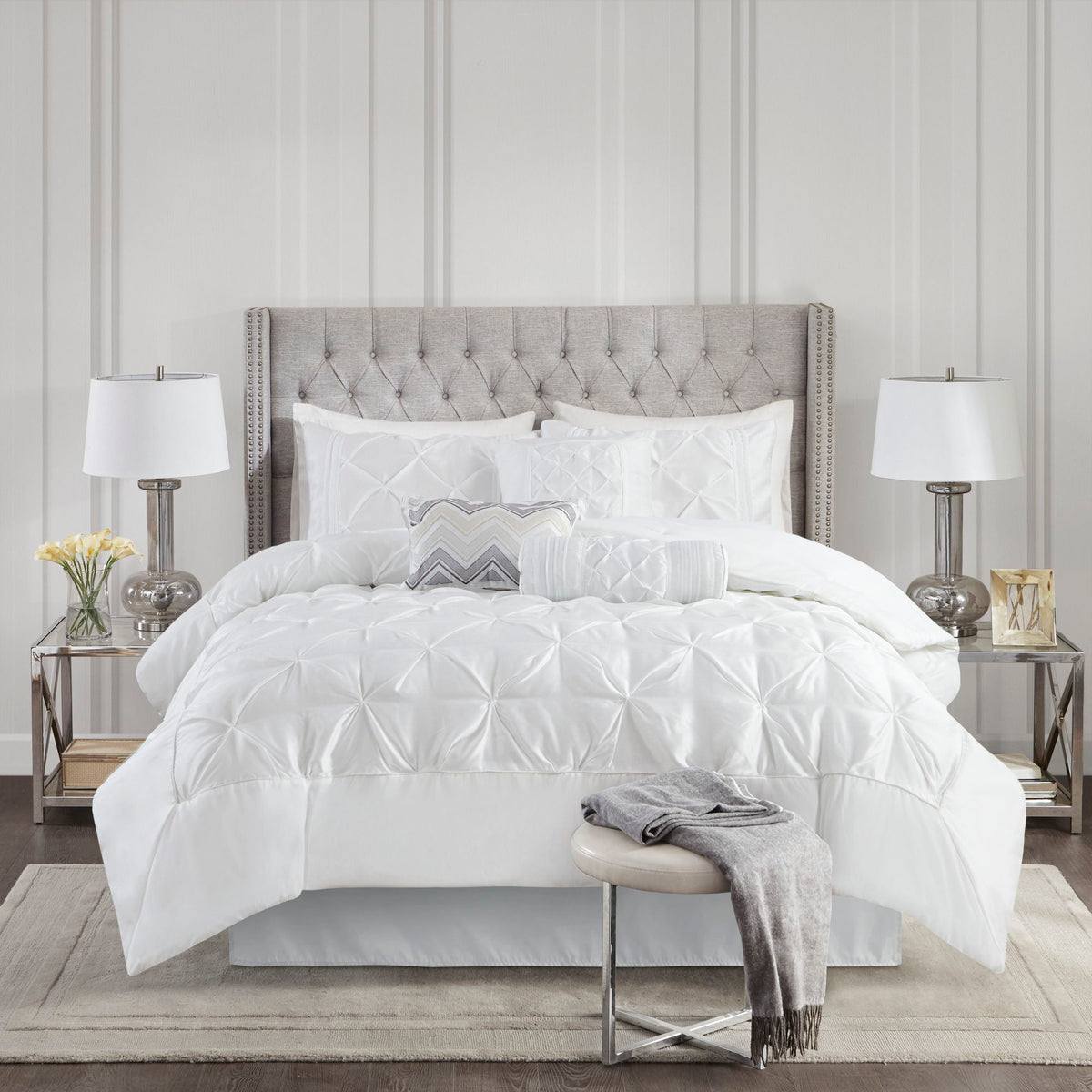 Laurel - Pieced Pleated 7 Piece Tufted Comforter Set - White