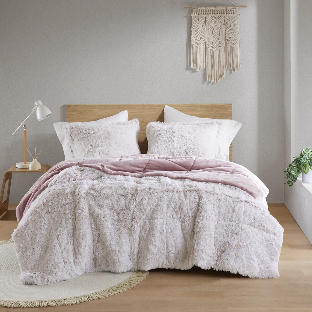 Malea - 2 Piece Twin/Twin Long Shaggy Comforter Mini Set - Pink/White