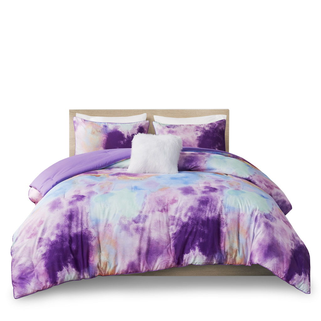 Cassiopeia - King Watercolor Tie Dye Printed Comforter Set With Throw Pillow - Lavender