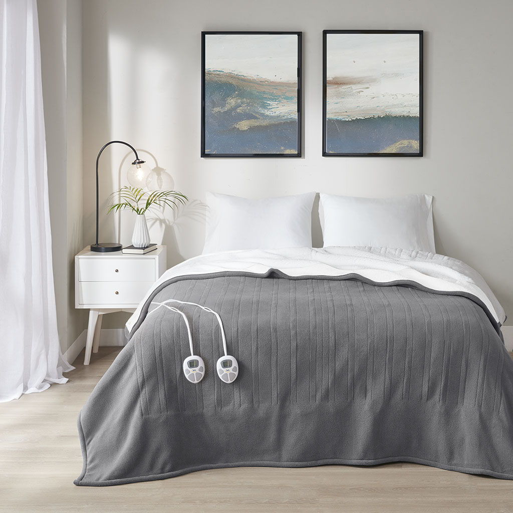Fleece to Sherpa - Twin Heated Blanket - Dark Gray
