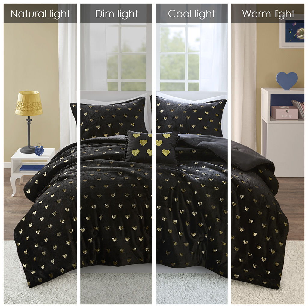 Rosalie - 3 Piece Twin/Twin Long Metallic Printed Plush Comforter Set With Throw Pillow - Black/Gold