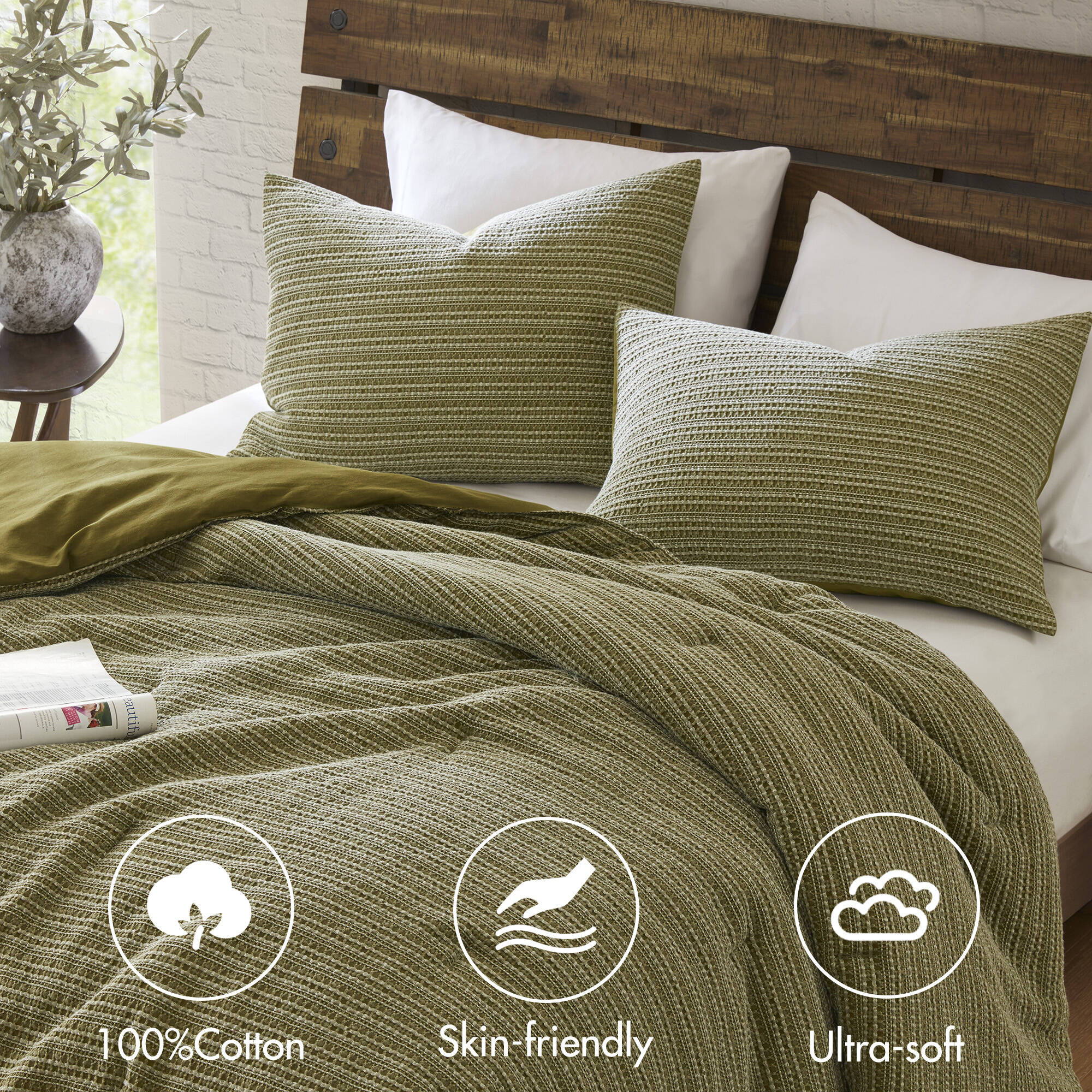 Lyon - 3 Piece King/California King Waffle Washed Comforter Set - Green