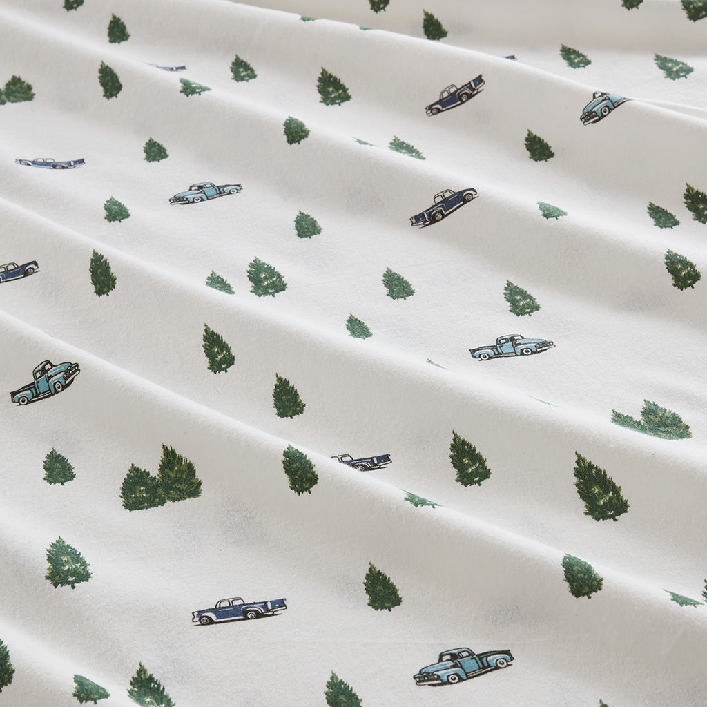 Flannel - 4 Piece Queen Sheet Set - Green Trees & Trucks