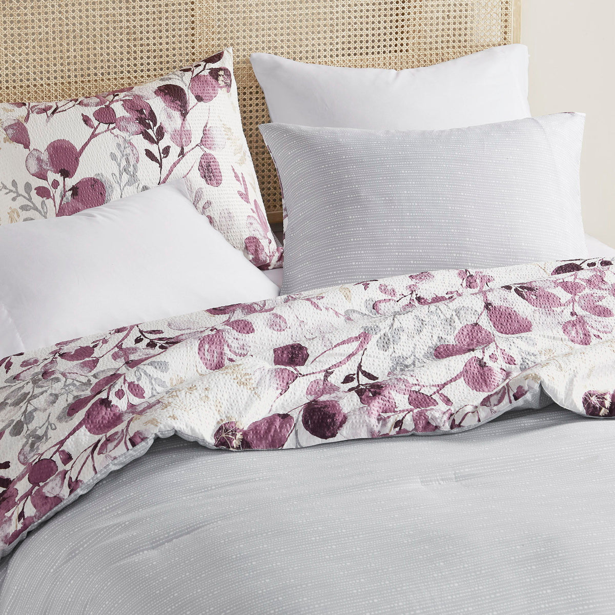 Gabby - Twin/Twin Long Reversible Floral Botanical Seersucker Comforter Set - Plum/Gray