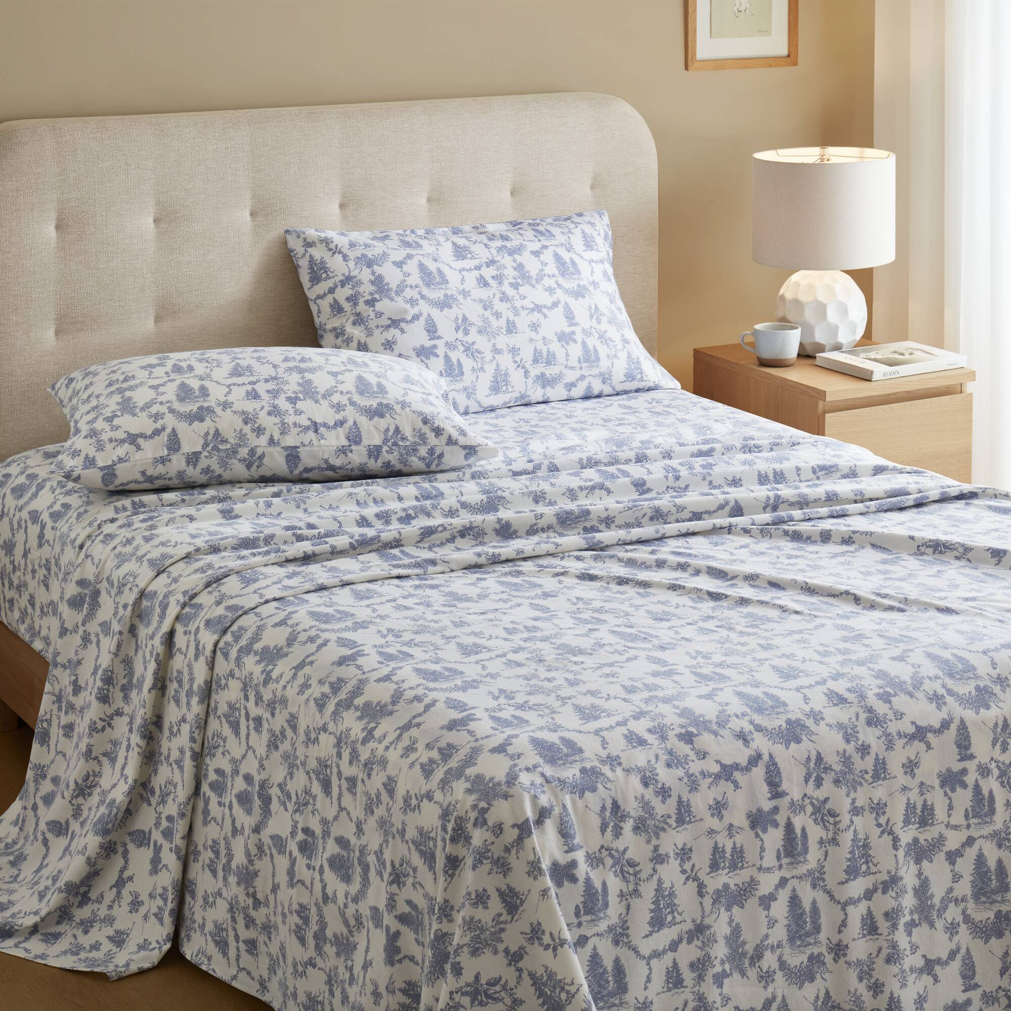 Cozy Cotton Flannel - King Printed Sheet Set - Toile Pine Trees