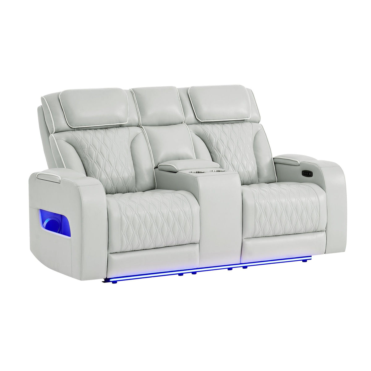 Julian - Power Console Reclining Loveseat, LED & Speaker - Silver