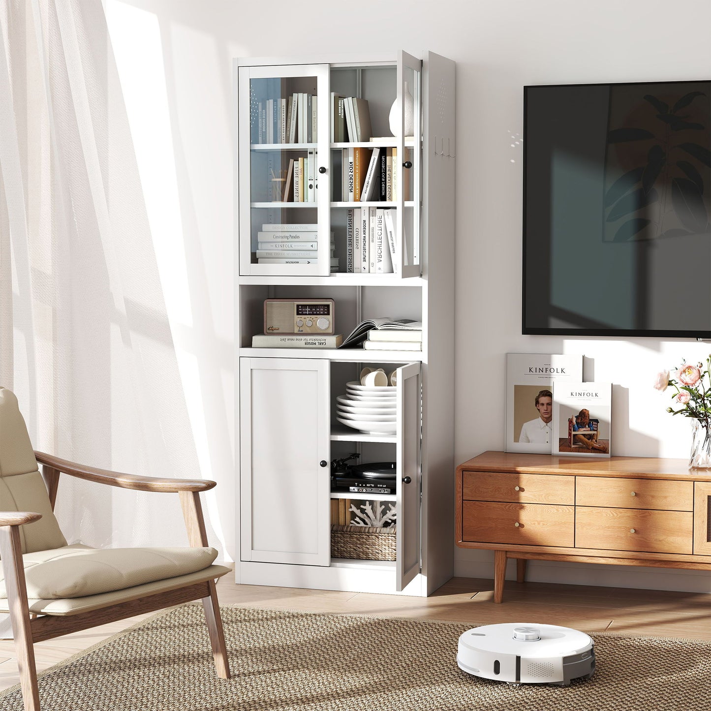 Kitchen Pantry Cabinet Tall Storage With Adjustable Shelves, Heavy Duty Stainless Steel Frame - White