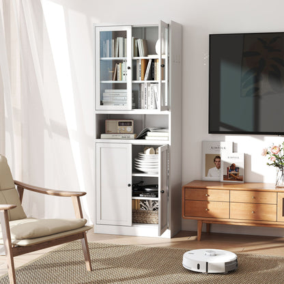 Kitchen Pantry Cabinet Tall Storage With Adjustable Shelves, Heavy Duty Stainless Steel Frame - White