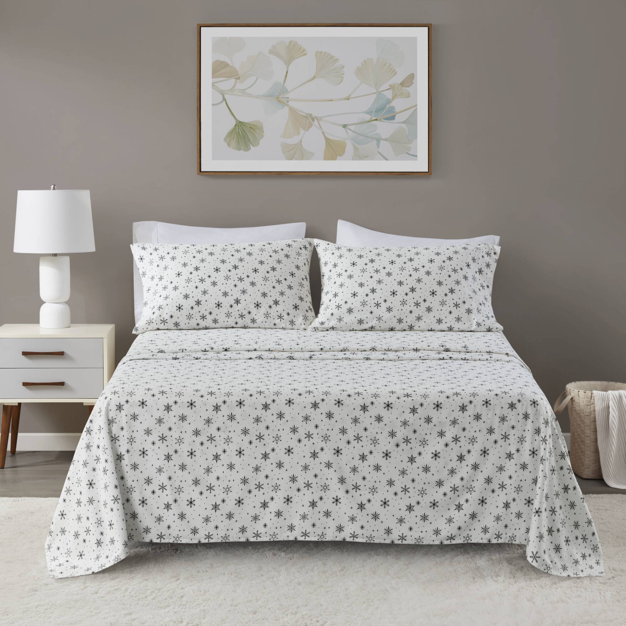 Cozy Cotton Flannel - Twin Printed Sheet Set - Black Snowflakes