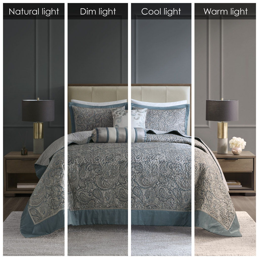 Aubrey - 5 Piece Jacquard Bedspread Set With Throw Pillows - Teal