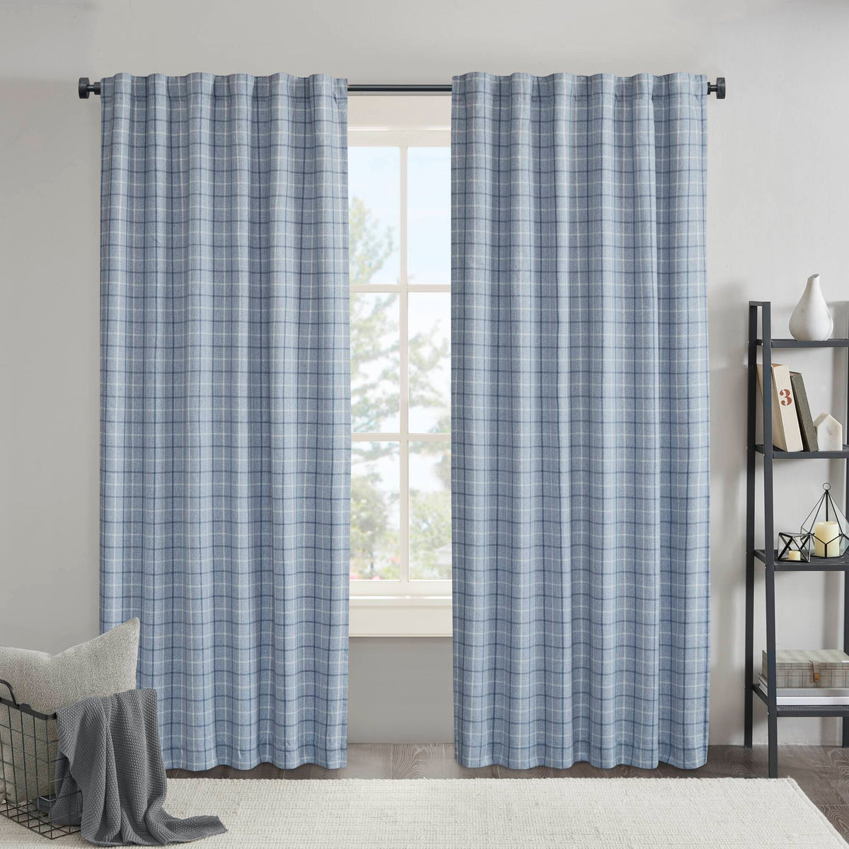 Anaheim - 50x95" Plaid Rod Pocket And Back Tab Curtain Panel With Fleece Lining - Denim Blue