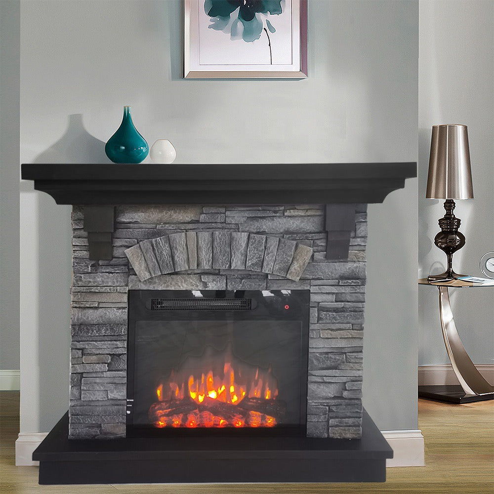 Stone Looking Fireplace Mantle Speaker System - Dark Gray