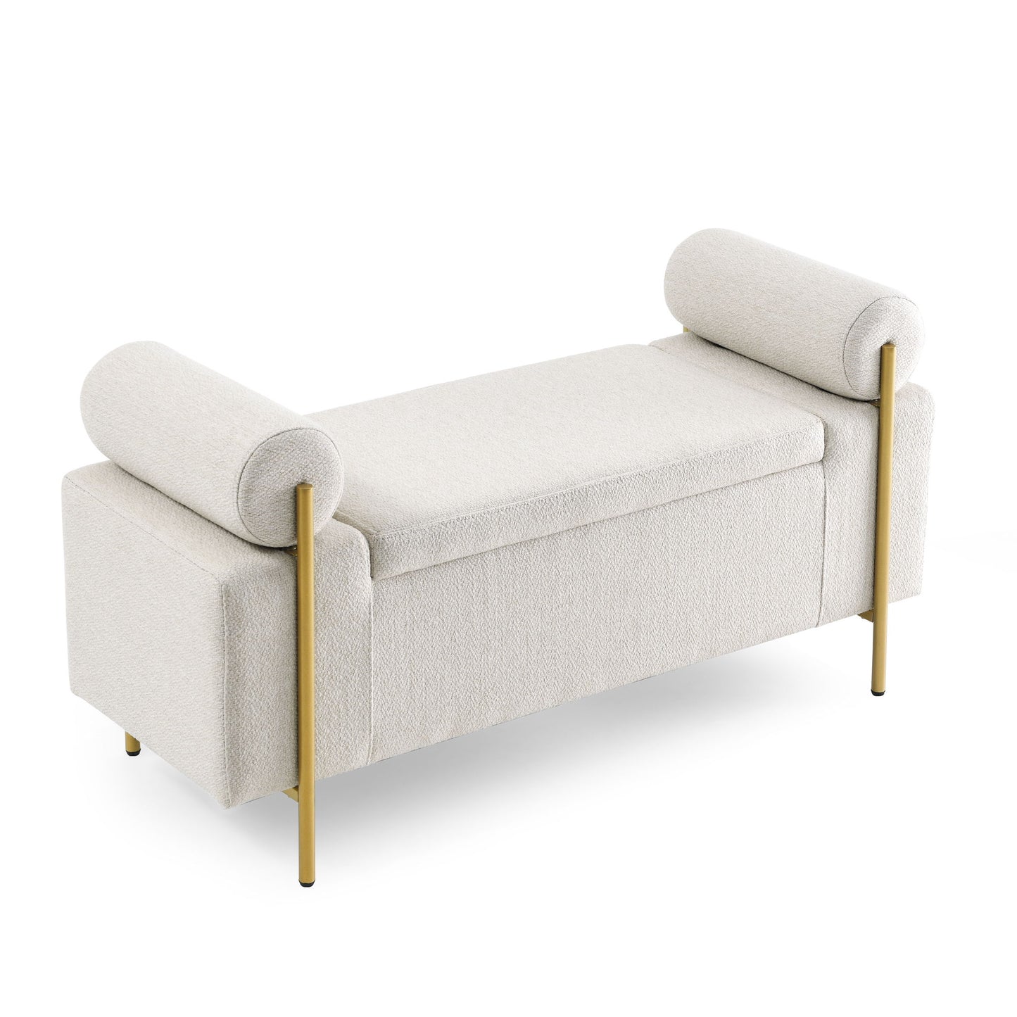 Elegant Upholstered Storage Bench With Cylindrical Arms And Iron Legs,