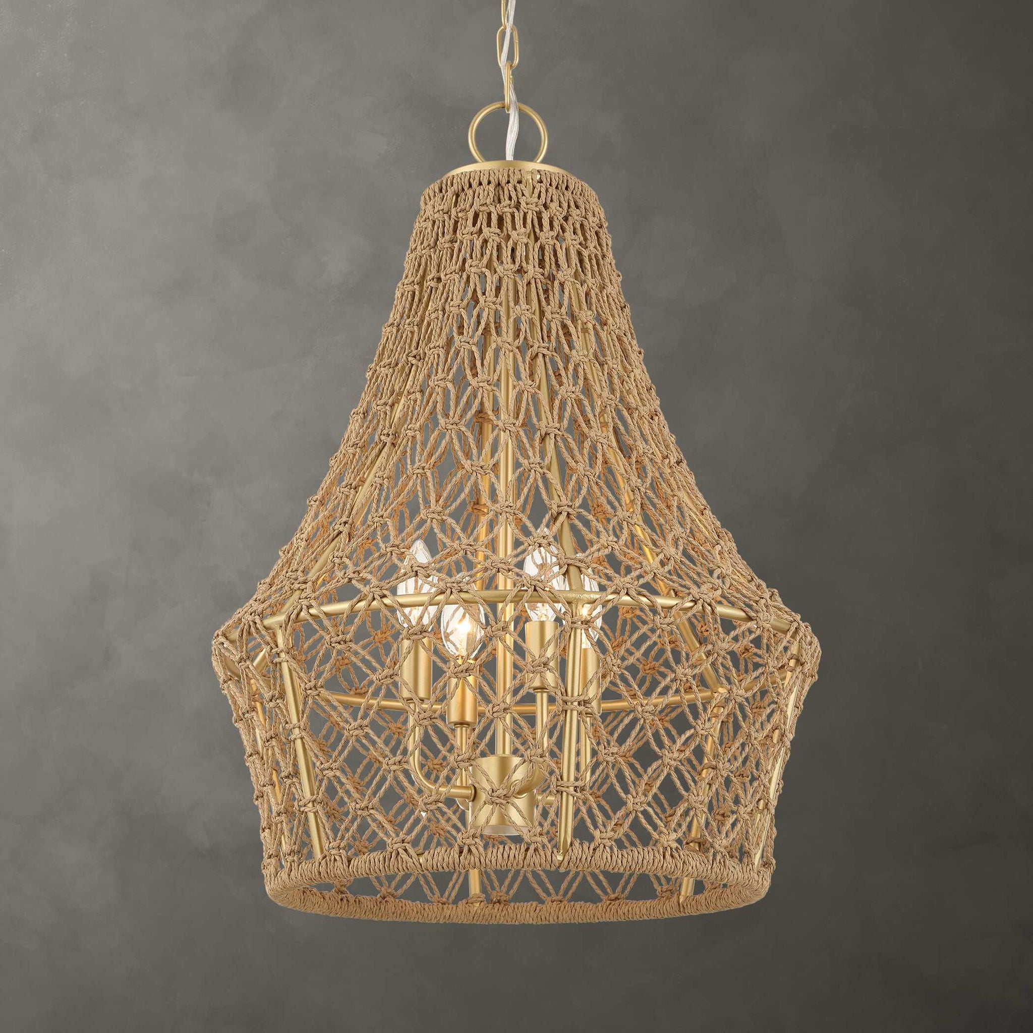Macrame - 4 Light Rope Pendant - Light Brown