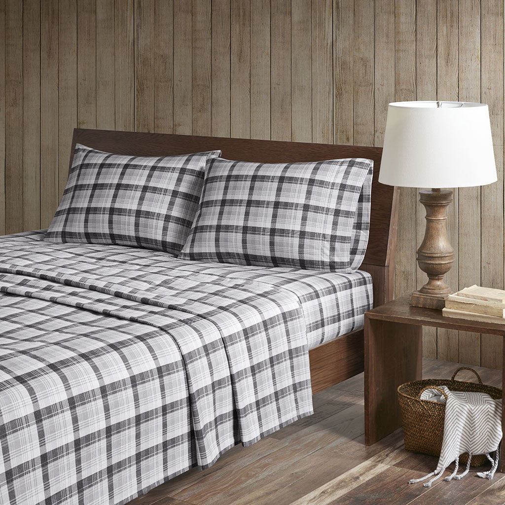 Flannel - Queen Sheet Set Cotton - Gray Plaid