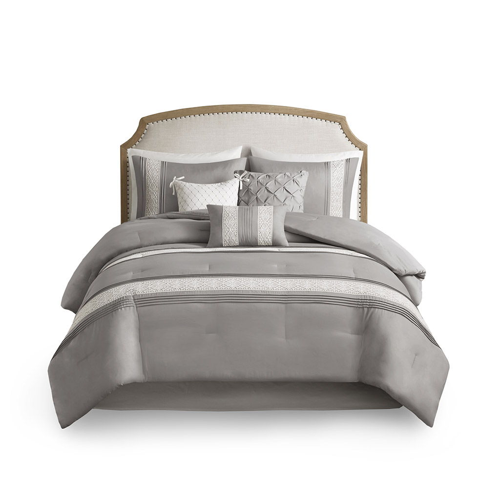 Lacey - 7 Piece Lace Trim Comforter Set With Throw Pillows - Gray