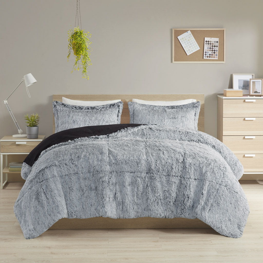 Malea - Shaggy Long Fur Comforter Mini Set - Black / Light Blue