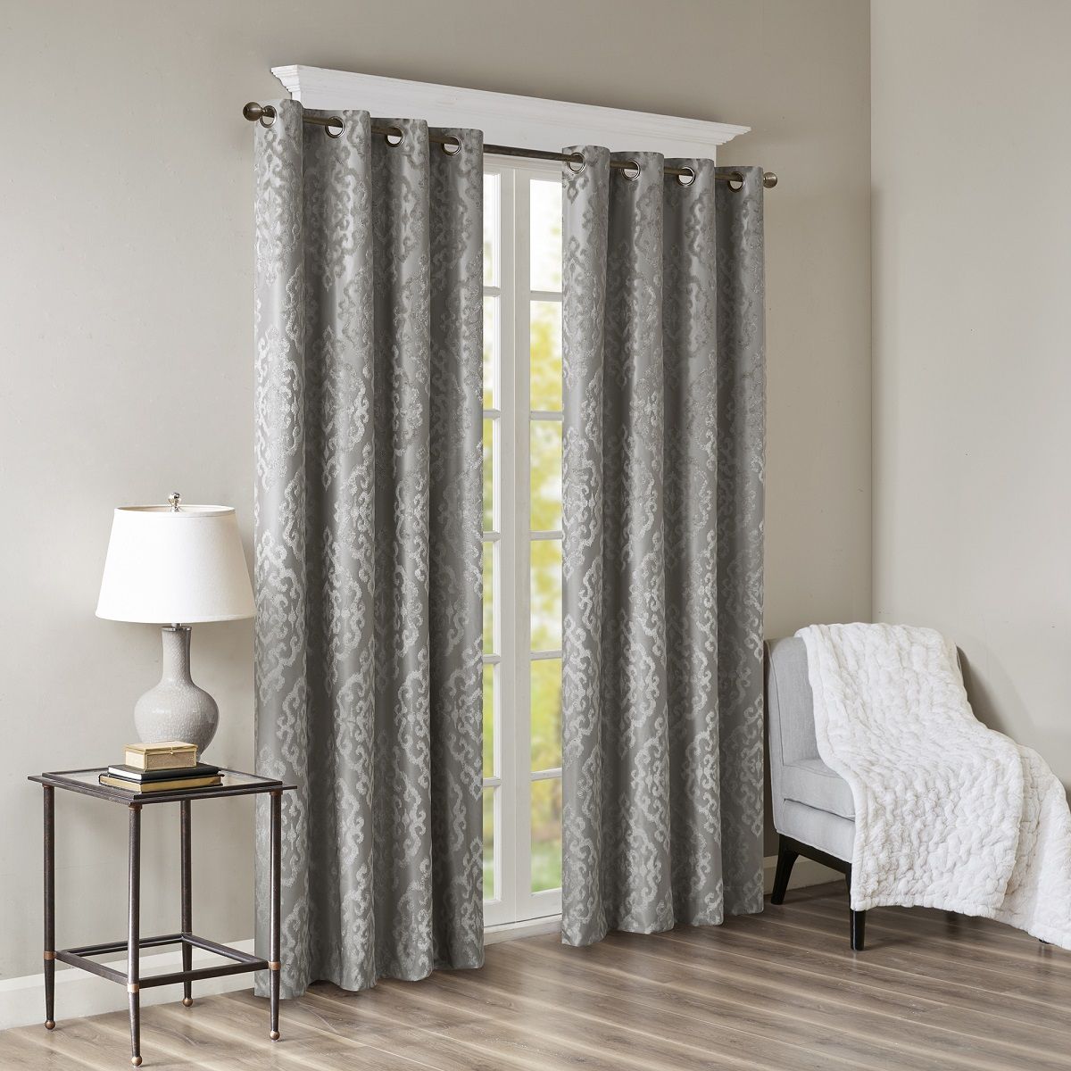 Mirage - 108" Knitted Damask Total Blackout Grommet Top Curtain Panel - Charcoal