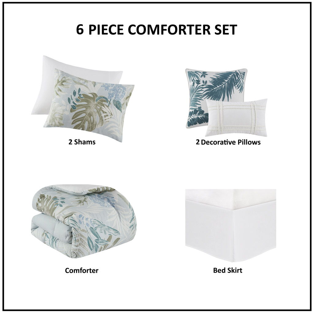 Kiawah Island - 6 Piece Cotton Oversized Cotton Comforter Set With Throw Pillow - Blue