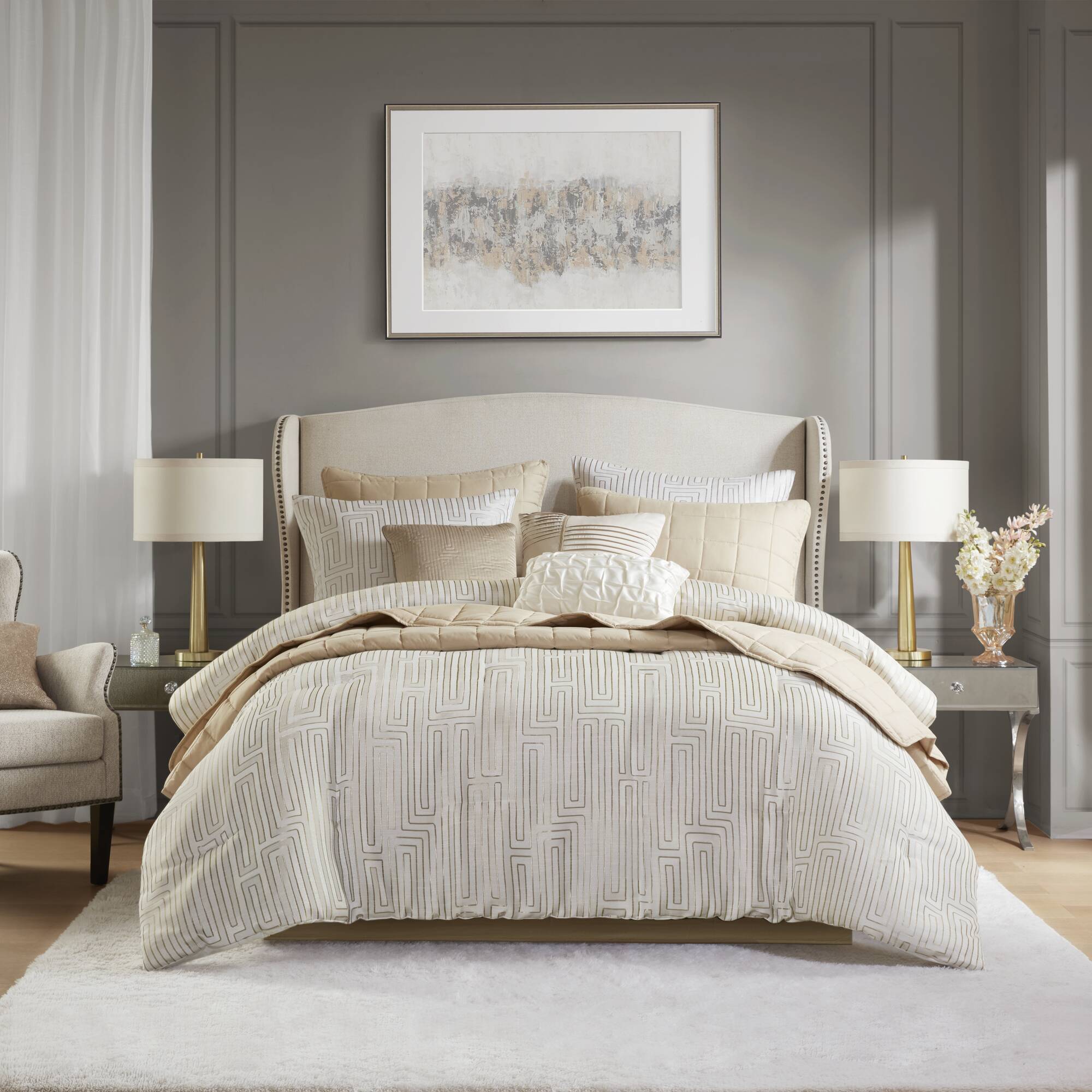 Royce - 10 Piece King Luxury Comforter Set - Ivory