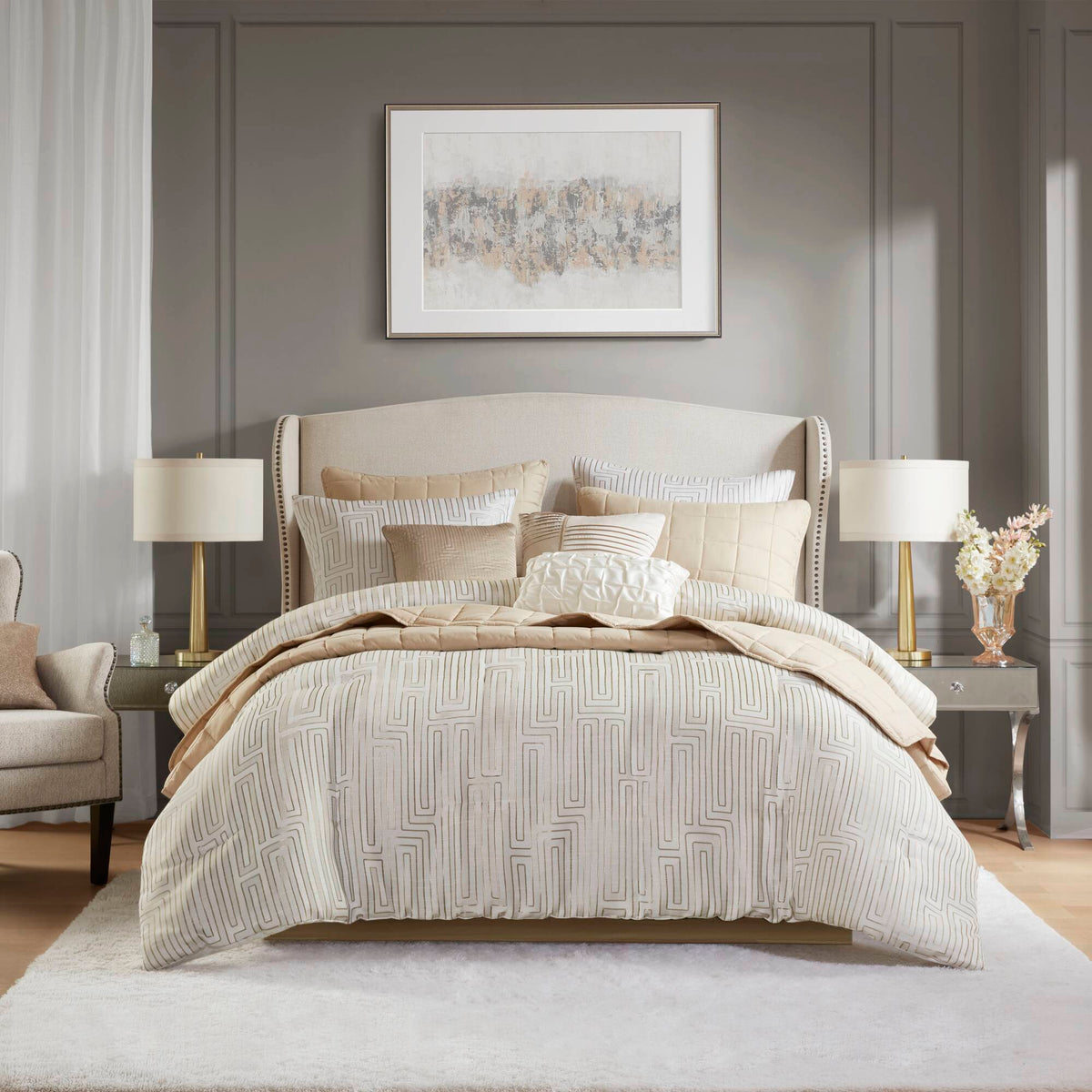 Royce - 10 Piece California King Luxury Comforter Set - Ivory
