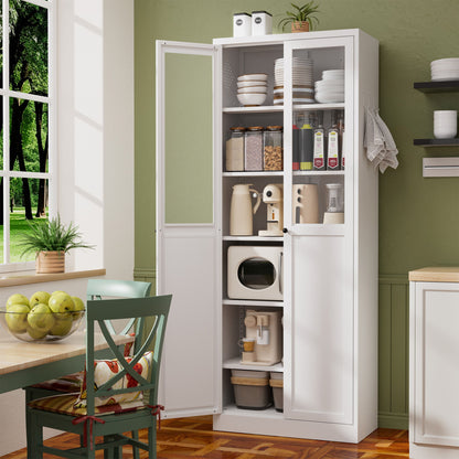 Tall Metal Kitchen Pantry Cabinet With Adjustable Shelves And Silent Magnetic Doors - White