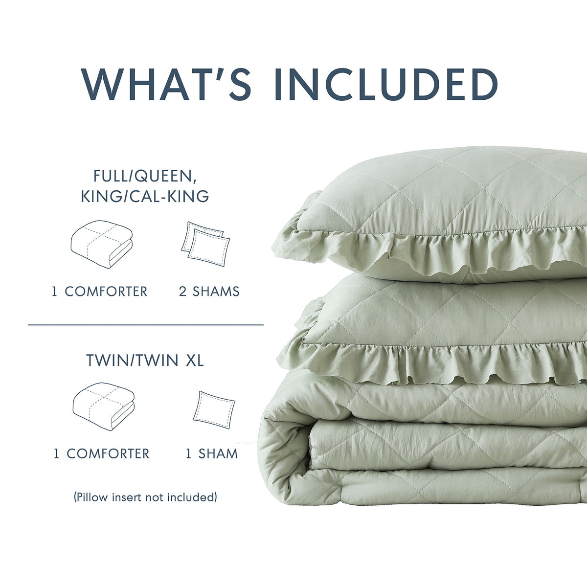 Phoebe - King/California King Diamond Quilted Ruffle Edge Comforter Set - Sage