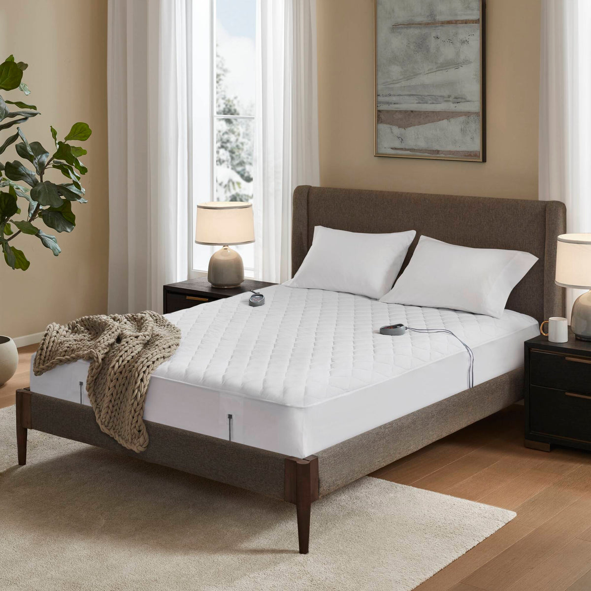 Cotton - California King Cotton Deep Pocket Heated Mattress Pad-20 Heat Settings - White