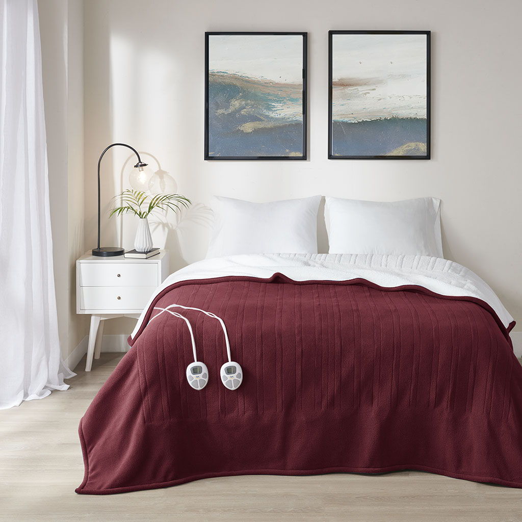 Fleece to Sherpa - Full Heated Blanket - Burgundy