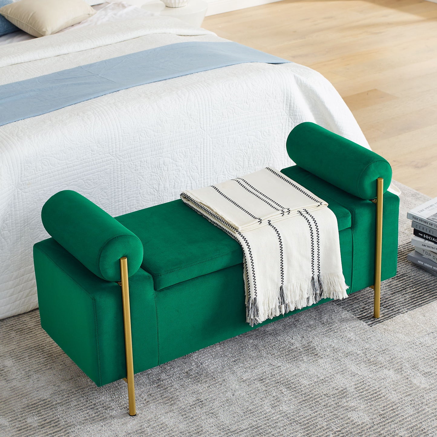 Elegant Upholstered Storage Bench With Cylindrical Arms And Iron Legs,