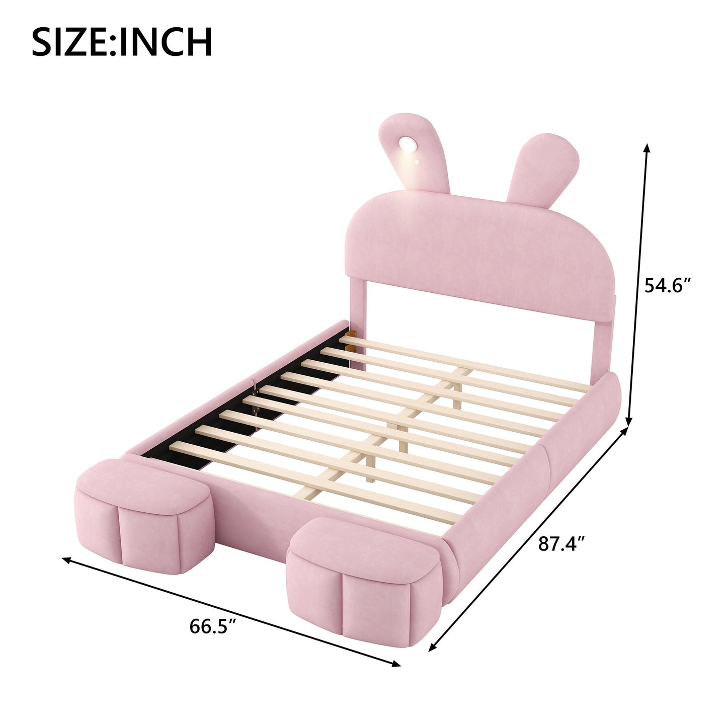 Full Upholstered Platform Bed With Cartoon Ears Headboard And LED Light - Pink