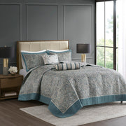 Aubrey - 5 Piece Jacquard Bedspread Set With Throw Pillows - Teal