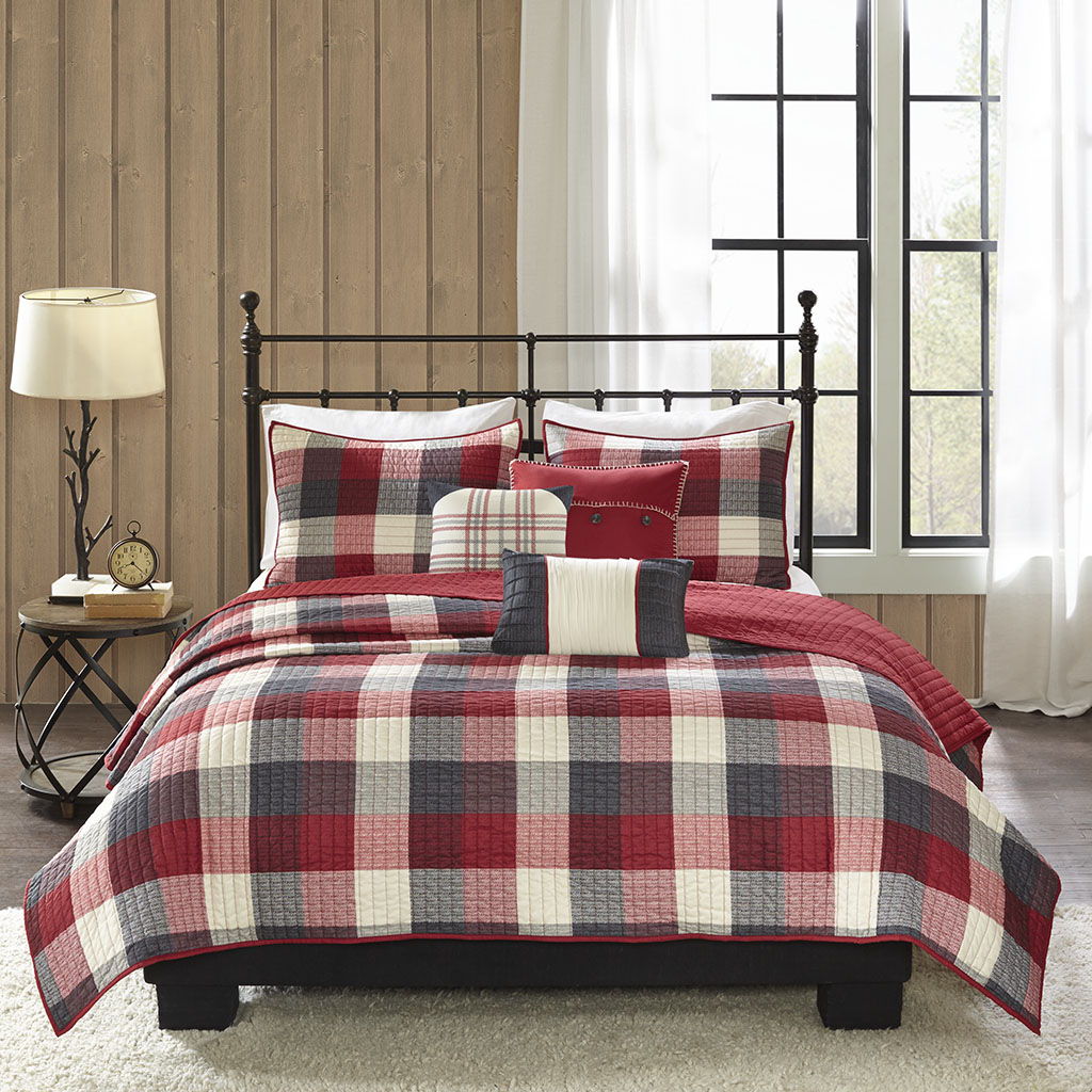 Ridge - King 6 Piece Reversible Herringbone Coverlet Set - Red