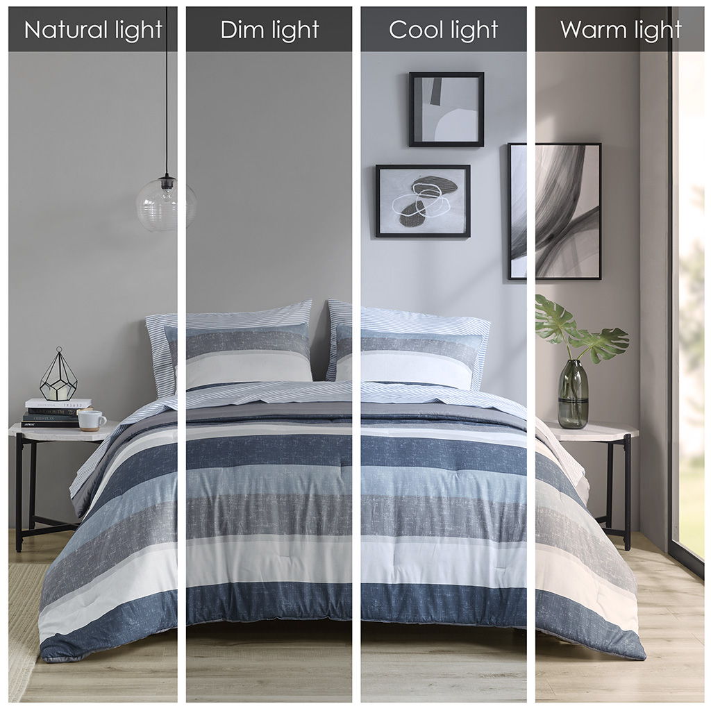Jaxon - Stripe King Comforter Set With Bed Sheets - Blue / Gray