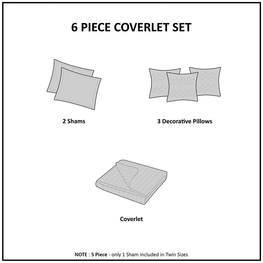 Pebble Beach - 6 Piece Reversible Coverlet Set - Coral