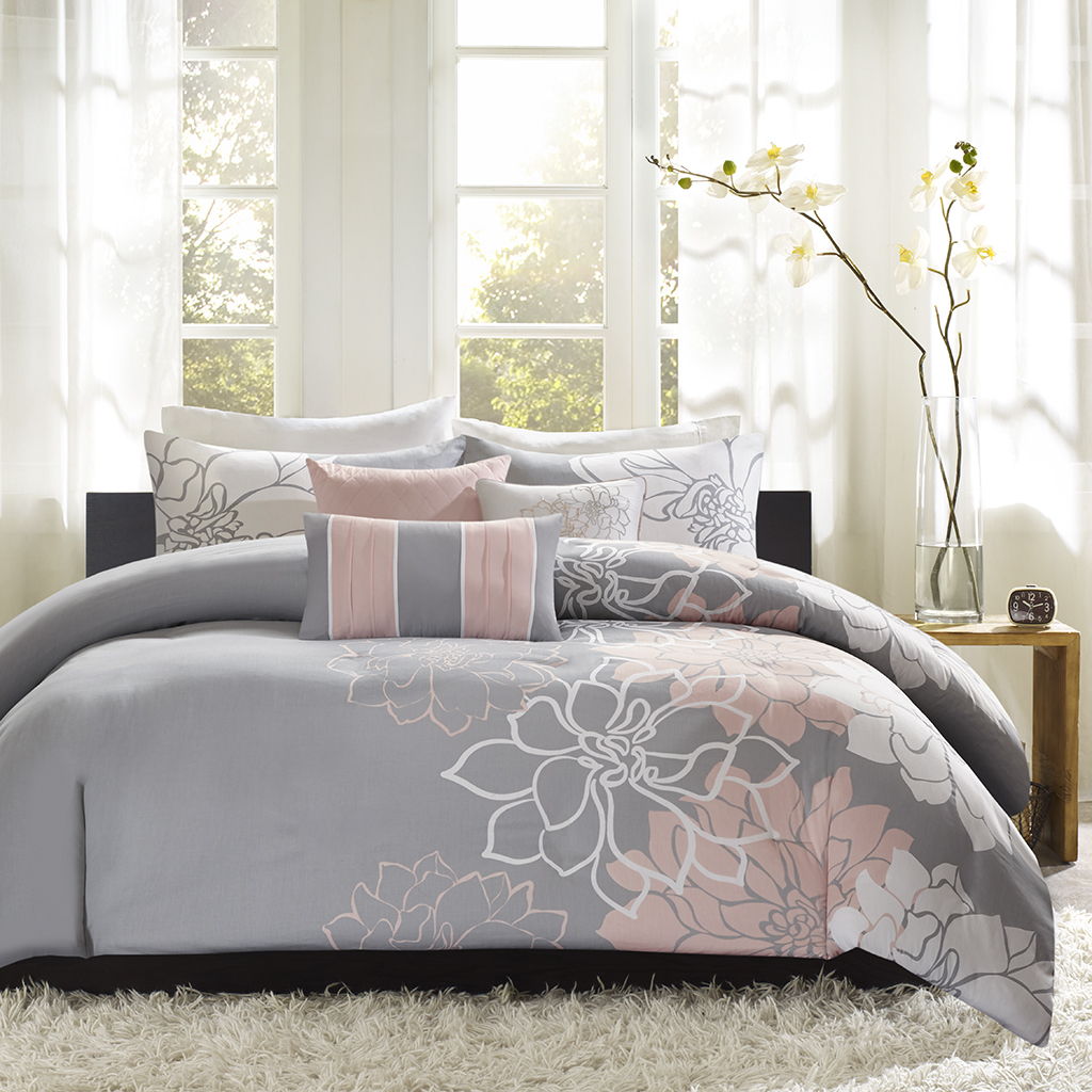 Lola - 6 Piece Printed Duvet Cover Set - Gray / Blush