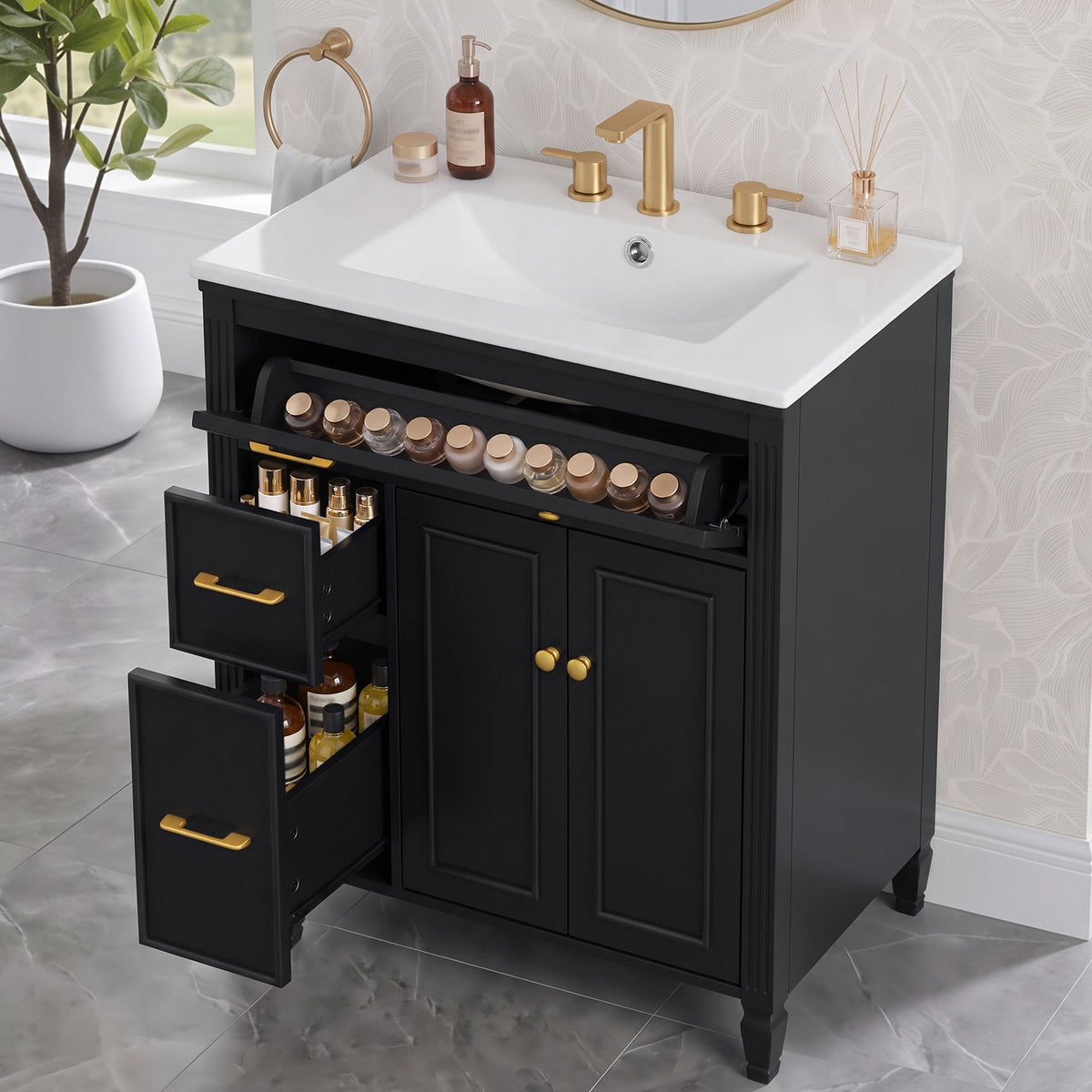 Freestanding Bathroom Vanity With Sink, Soft Close Door, Tip Out Drawer