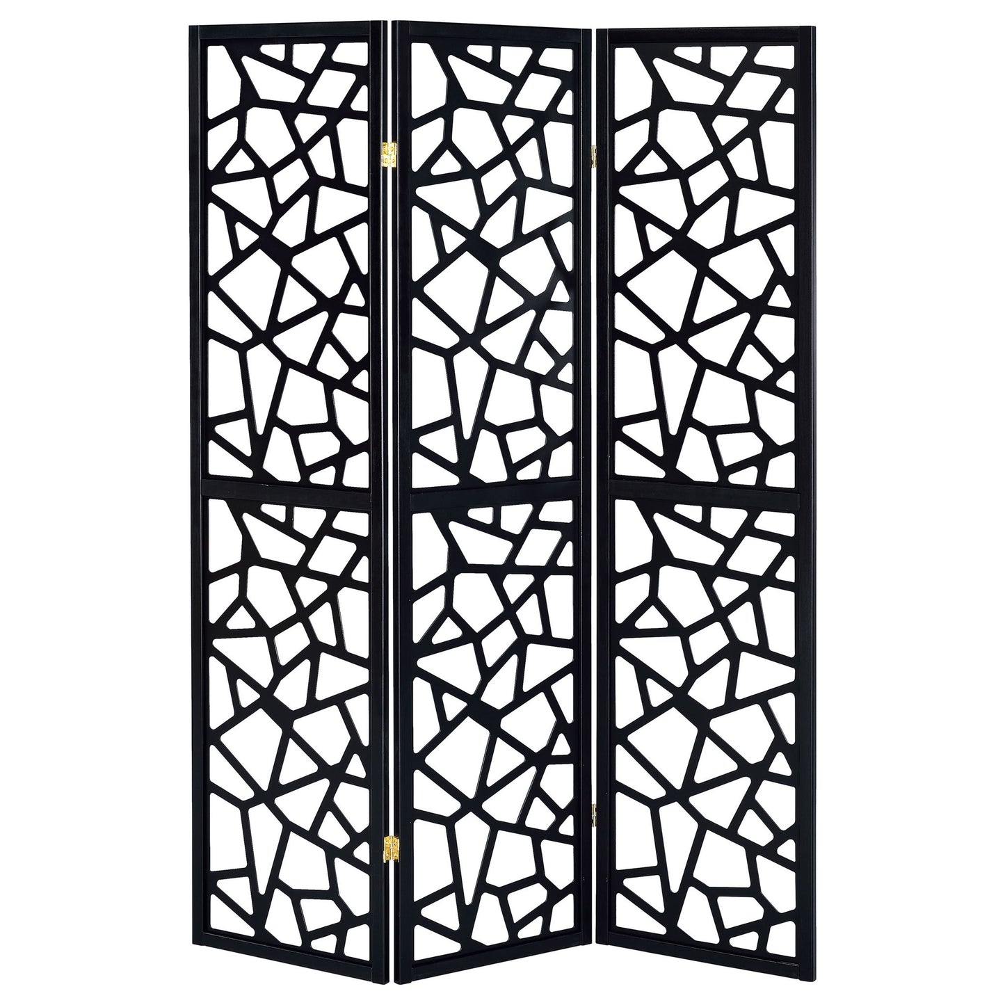 3 Panel Folding Screen With Mosaic Cutout Design - Black