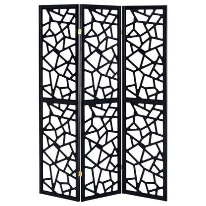 3 Panel Folding Screen With Mosaic Cutout Design - Black