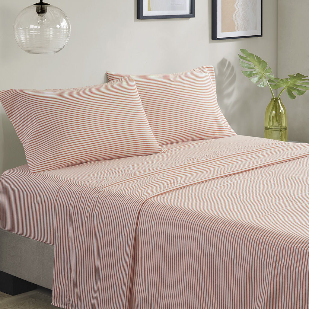 Jaxon - 5 Piece Twin Stripe Comforter Set With Bed Sheets - Coral / Gray