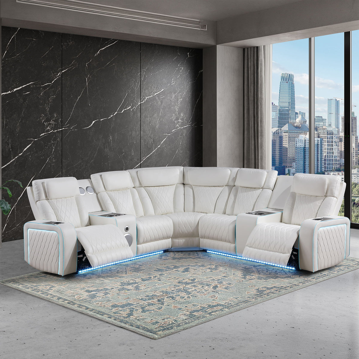 Electra - Power Recliner Sectional Sofa With Power Headrests, Console Loveseats, Wedge, LED Light Strip, Speakers