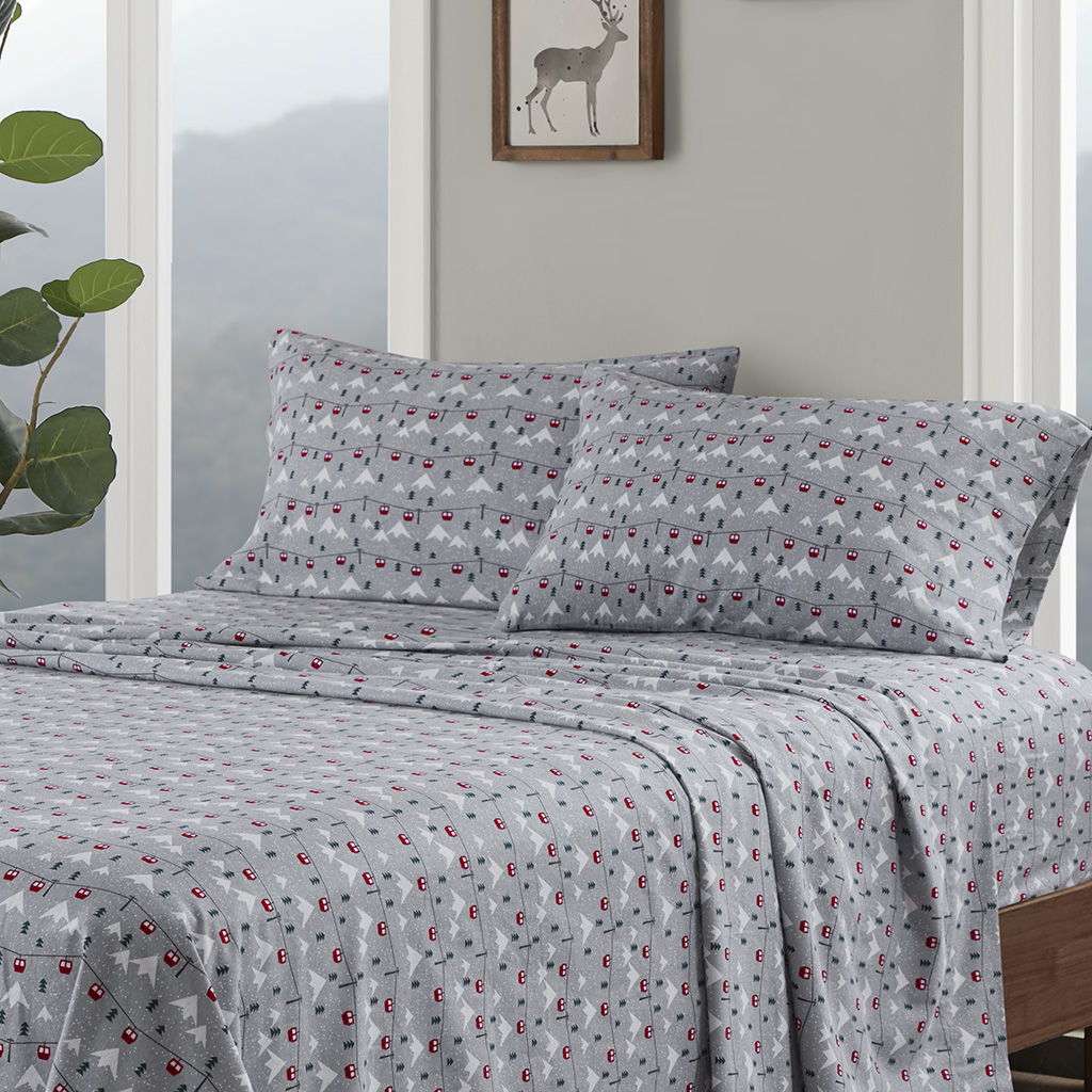 Flannel - 4 Piece King Sheet Set - Gray Ski Jump