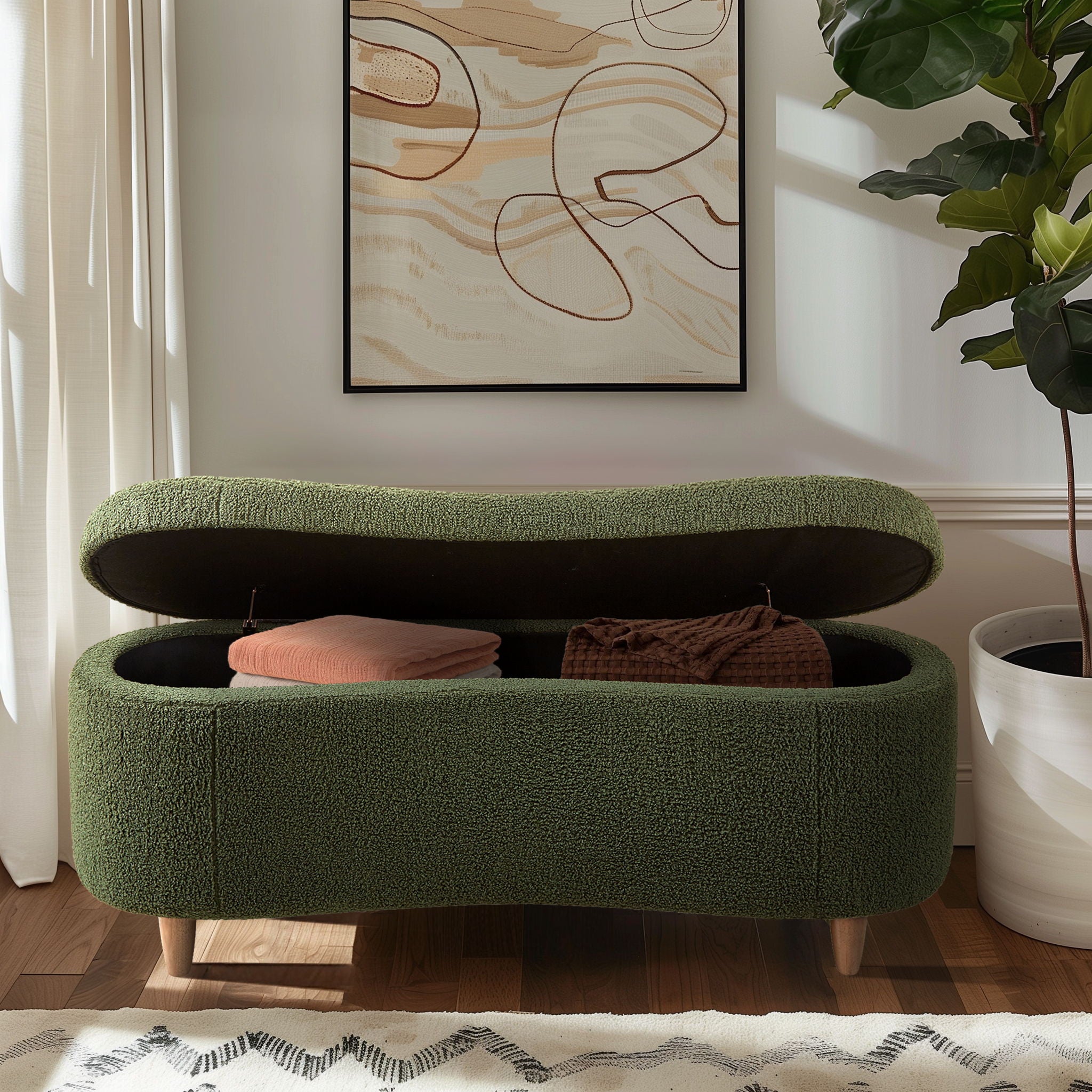 Bailey - Boucle Flip Top Storage Bench - Green