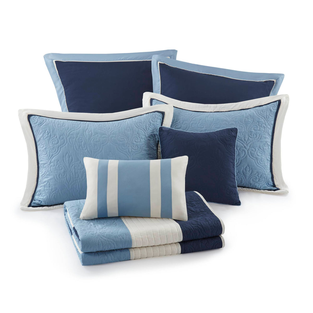 Attingham - Full/Queen 7 Piece Quilt Set With Euro Shams And Throw Pillows - Navy